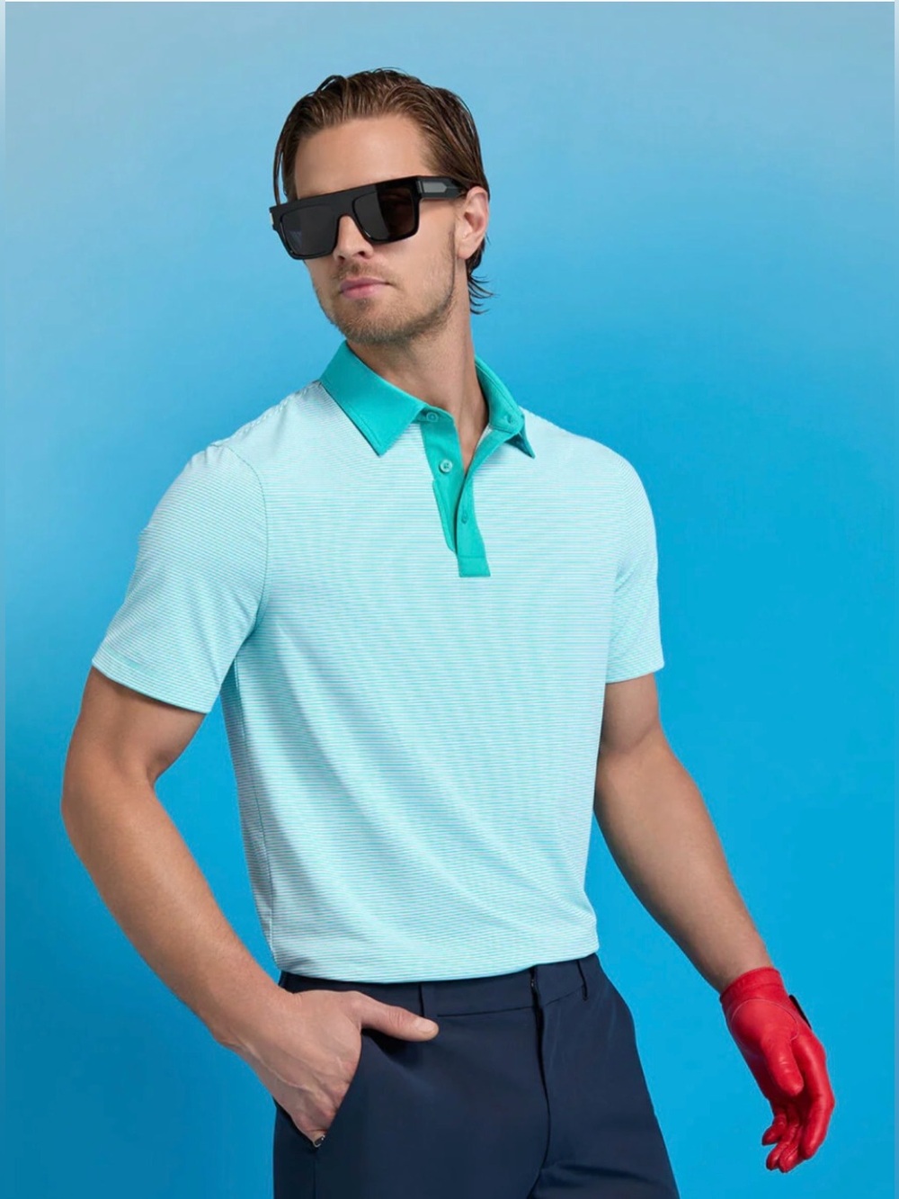 NWT G/FORE MEN'S FEEDER STRIPE FINE TECH JERSEY POLO - SIREN (Small)